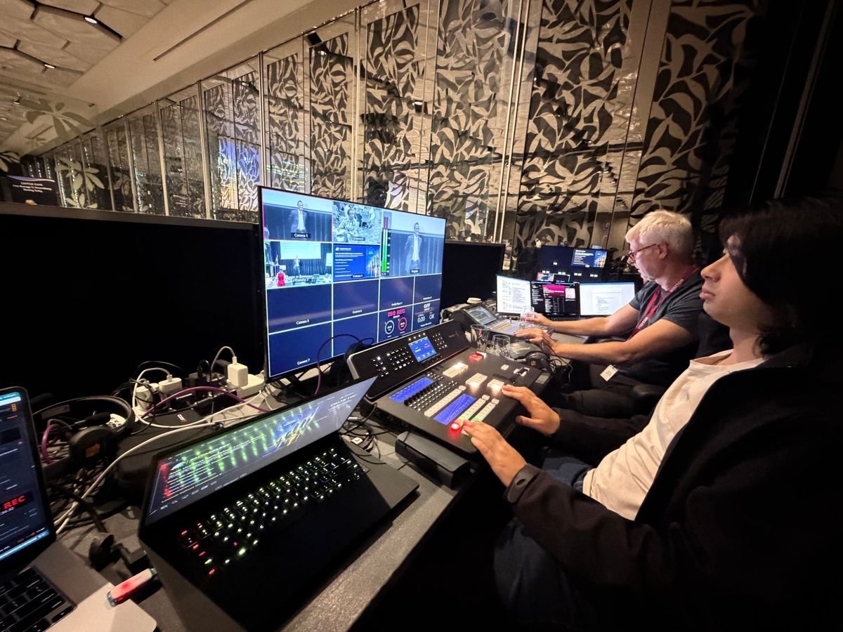 Live webcast production desk with camera multiview and switcher at a conference